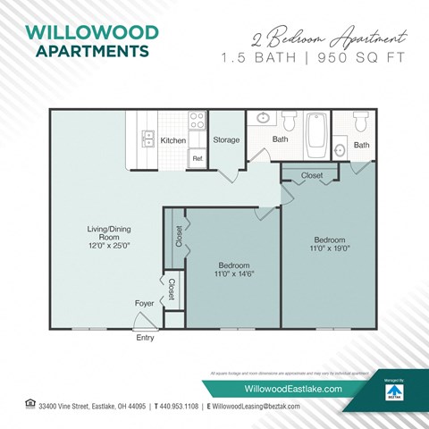 Floor plan for 2 beds, 1.5 baths, 950 sqft